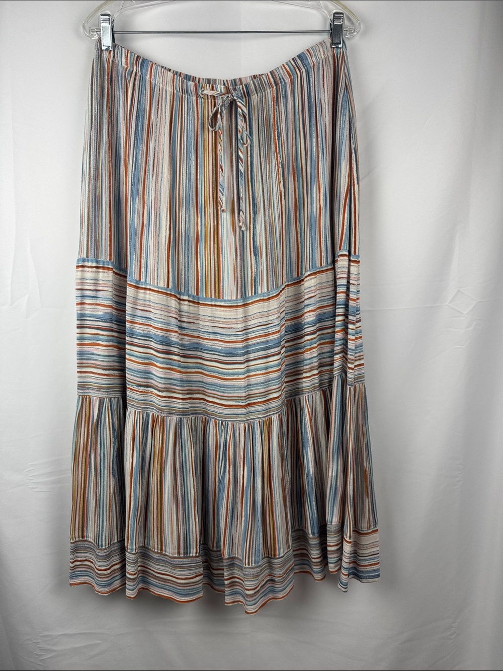 Karen Kane Striped Tiered Maxi Skirt Pockets Size XL Blue Brown